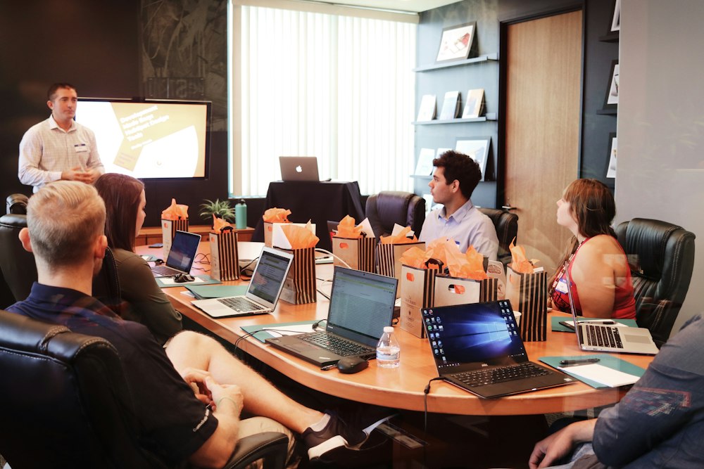 Corporate executives reviewing organic pipeline and search performance data